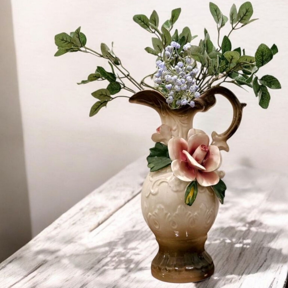 Vintage Italian Capodimonte Pitcher Vase, Dark Shabby Cottagecore, Moody Romance